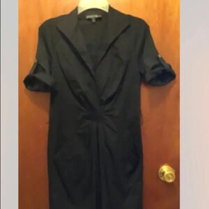 Women LAFAYETTE 148 Black V-Neck Pleated Roll Sleeve Pockets Dress Sz 2 EUC